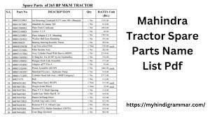 mahindra tractor spare parts name list