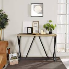 anbazar 47 2 in l oak rectangle wood console table narrow bar table industrial entryway table with metal frame for living room brown