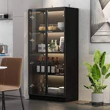 Fufu Gaga Led Lights Buffet Sideboard Cupboard Food Pantry With Tempered Glass Doors And Aluminum Framed Black