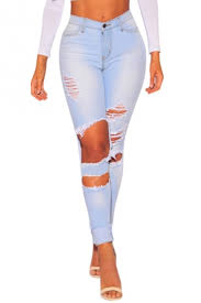 Womens New Fashion Destroyed Ripped Big Hole Stretch Super Skinny Fit Light Blue Jeans Beautifulhalo Com