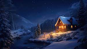 winter cabin snow forest night scenery
