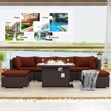 Nicesoul 7 Piece Large Espresso Wicker Patio Fire Pit Sectional Deep Seating Sofa Set With Ottamans And Ruby Red Cushions