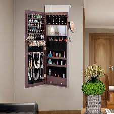 Hung On The Door Or Wall Type Mirror Jewelry Box Storage Mirror Cabinet Lockable With Led Light Brown