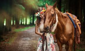 cute smiling with horse outdoors