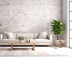 Image of Warm and inviting living room with 3D warm grey brick wallpaper