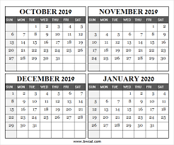 Four Month Calendar October 2019 January 2020 Print Calendar
