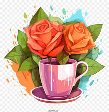 two red roses in pink cup with splashes