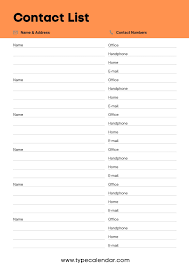 free printable contact list templates