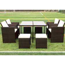 Dark Brown 9 Piece Pe Rattan Wicker Patio Outdoor Dining Sets With 1 Table 4 Chairs 4 Ottomans And Beige Cushions