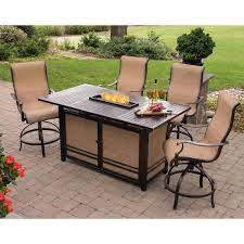 Agio Somerset 5 Piece Rectangular Outdoor Bar Height Dining Set With Fire Feature And Swivels
