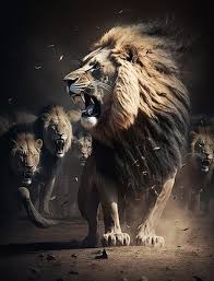 un lion rugit devant un groupe d autres