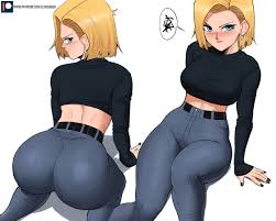 echo saber, android 18, dragonball z, highres, 1girl, all fours, annoyed,  ass, black nails, blonde hair, blue eyes, blush, breasts, denim, earrings,  from behind, huge ass, jeans, jewelry, large breasts, looking at