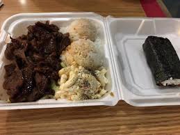 bbq beef plate with 2 scoops rice and