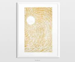 Linocut Print Gold Japanese Sun Wall