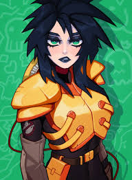qtori, kylie griffin, extreme ghostbusters, ghostbusters, highres, 1girl,  armor, black eyeliner, black hair, eyeliner, gothic, lips, lipstick, makeup  