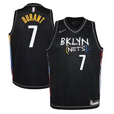 His jersey number is 7. Kevin Durant Brooklyn Nets Nike Youth 2020 21 Swingman Jersey Black City Edition