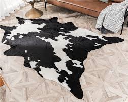 large size faux fur black cow print rug