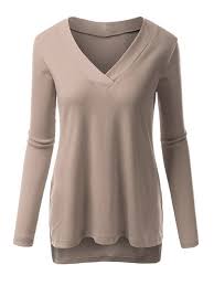 Women Long Sleeve Solid Color Casual V Neck Side Split T Shirt
