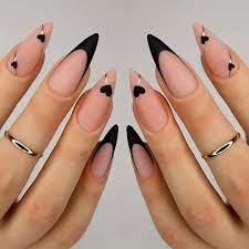 24pcs french tip fake nails black heart
