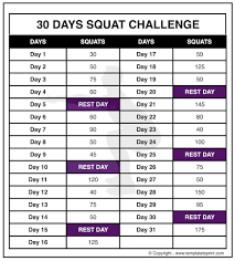 30 Squat Challenge Printable Calendar Chart Legs Workout