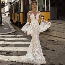 Bateau lace long sleeve sheath chiffon wedding dress with sweep train. Sevintage Mermaid Boho Wedding Dresses Long Flare Sleeves Lace Bridal Gown With Buttons Beach Wedding Gowns Custom Made Buy At The Price Of 116 95 In Aliexpress Com Imall Com