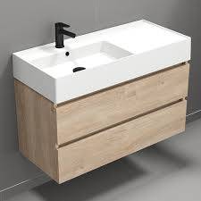 Nameeks Block 39 8 In W X 18 1 In D X 25 2 In H Wall Mounted Bath Vanity In Brown Oak With Vanity Top Basin In White
