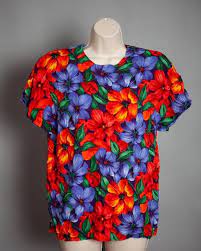 Women chiffon top high neck 3d flowers see through bell sleeves sheer shirt chic. 80s 90s Women S Colorful Flower Print Top In 2021 Flower Print Top Women Print Tops