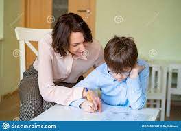 Mom Helps Son To Do Homework. Teacher Deals Boy. Stock Image - Image of  home, study: 176932737