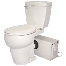 This toilet's plumbing runs up through the ceiling and connects to the main sewage line. Thetford Bathroom Anywhere 2 Piece 1 28 Gpf Single Flush Round Toilet With Seat Macerating Pump In White 42821 The Home Depot