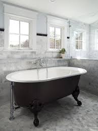 You can choose to go for big or small floral print as per your personal preference. Black Vintage Clawfoot Bathtub With Marble Hex Tiles Transitional Bathroom
