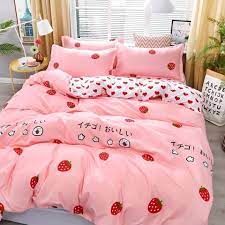 4pcs pink strawberry kawaii bedding set