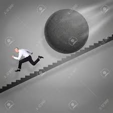 Businessman Running Down The Stairs Runaway From Falling Ball.. Stock  Photo, Picture And Royalty Free Image. Image 115656052.