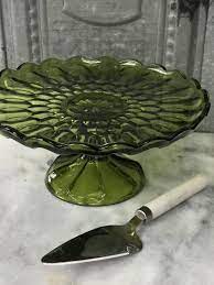 Green Glass Cake Stand Vintage
