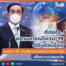 รัฐบาลไทย-ข่าวทำเนียบรัฐบาล-ดีต่อใจ…สถานการณ์โควิด-19 ดีขึ้นต่อเนื่อง นายกฯ  ย้ำ ยังต้องสวมหน้ากากอนามัยเพื่อความปลอดภัย
