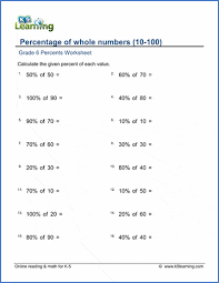 grade 6 math worksheet percene of