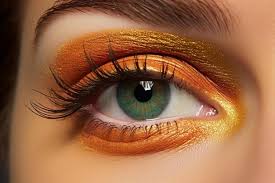 gold and orange make up and a green eye