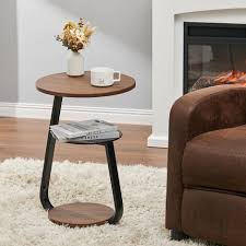 Round Wood And Glass Side Table Steel Frame