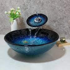 Hand Painted Blue Tempered Glass Basin