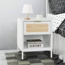 Aupodin Natural Rattan 1 Drawer White Nightstand Bedroom Sofa Side Table Bedside Furniture 21 9 In H X 17 8 In W X 16 In D