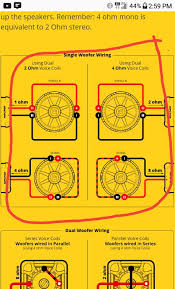 This is pretty simple, too. Rv 6515 Dual Voice Coil 4 Ohm Sub Wiring In Addition Dual 1 Ohm Subwoofer Schematic Wiring