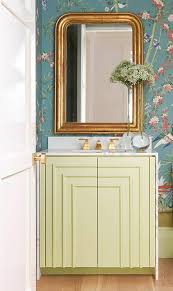 This art deco design features top quality unfinished brass. Yellow Art Deco Washstand With Brass French Mirror Transitional Bathroom