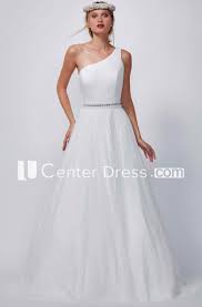 Floor Length One Shoulder Ruched Chiffon Wedding Dress With Court Train
