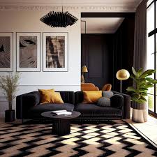 interior of living room with black sofa