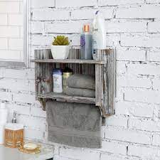 Mygift Wall Mounted Torched Wood Bathroom Shelf Organizer 2 Tier Display Rack With Hanging Towel Bar
