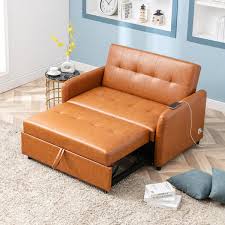 J E Home 69 7 In Pu Leather Full Size Convertible 2 Seat Sleeper Sofa Bed Adjustable Loveseat Couch With Dual Usb Ports In Brown