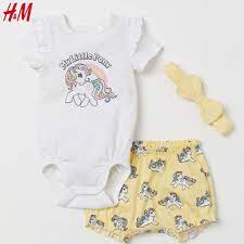 Body / bộ áo liền quần sơ sinh : (H&M) Set sóc mùa hè bé gái 3 chi tiết  chất cotton tự nhiên - ngựa vàng