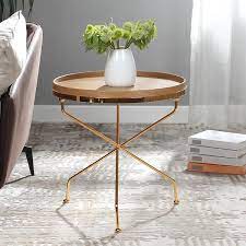 Round Wood And Metal Gold End Table Mid