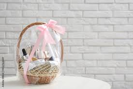 wicker gift basket with cosmetic