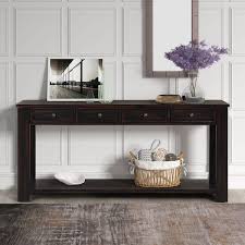 63 In Distressed Black Rectangle Pine Wood Console Table Sofa Table With 4 Drawers And 1 Bottom Shelf