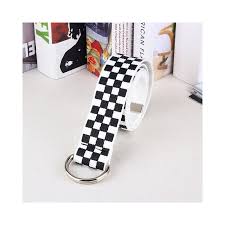Ladies Harajuku Checkerboard Punk Strap Nylon Canvas Belt Long Female Double D Ring Black White Plaid Jeans Belts For Women 344